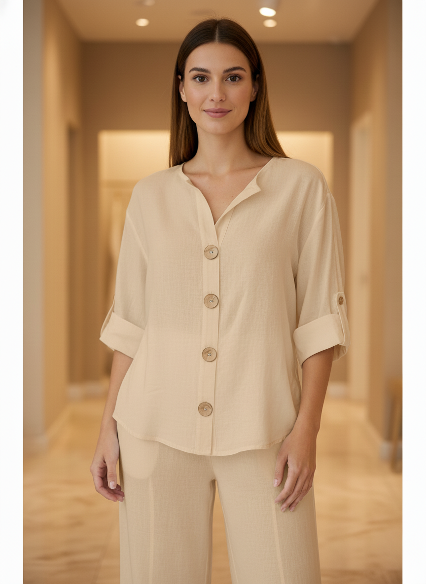 Camicia Donna in Cotone e Lino con Bottoni a vista