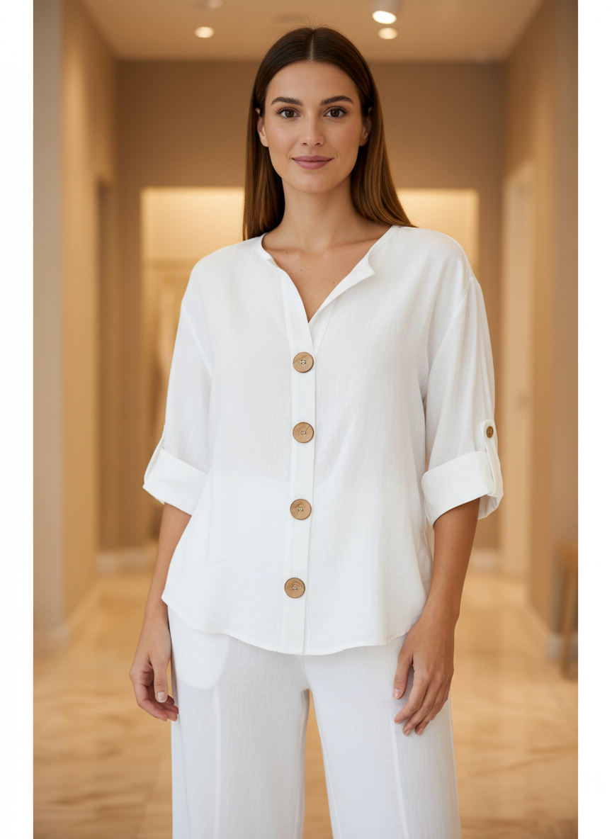 Camicia Donna in Cotone e Lino con Bottoni a vista